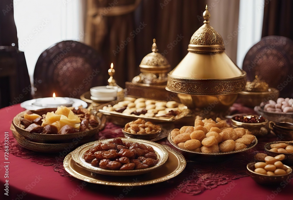 fasting cuisine dates food iftars mubarak marks end Eastern table Ramadan Holiday Oriental Eid Traditional islamic sweets Middle meal evening