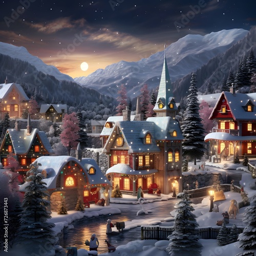 Winter night in the village. Christmas and New Year concept. Digital painting.