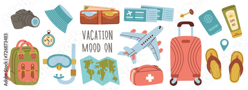 Large vector set of travel accessories. Accessories for seaside vacation, suitcases, luggage, map, airplane, tickets.
