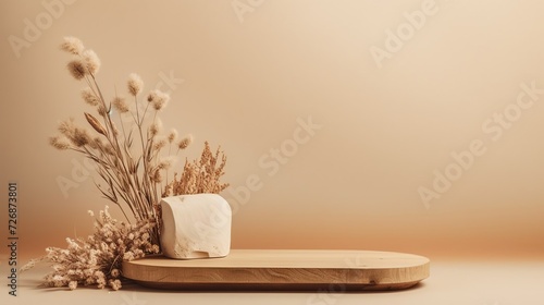 A wooden podium and dried flowers for product demonstrations on a beige background   a pedestal for advertising eco-style products