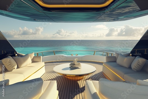 Luxurious yacht interior, overlooking a clear blue ocean, embodying sophistication and high-end lifestyle. Generative AI