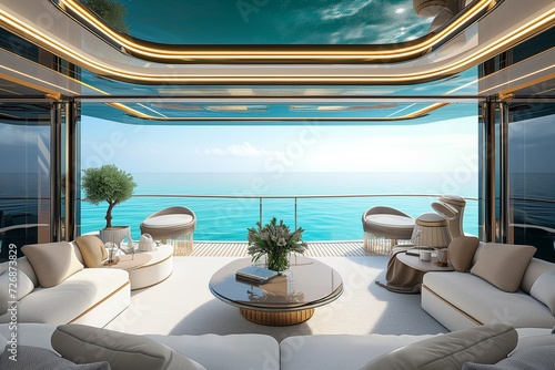 Luxurious yacht interior, overlooking a clear blue ocean, embodying sophistication and high-end lifestyle. Generative AI