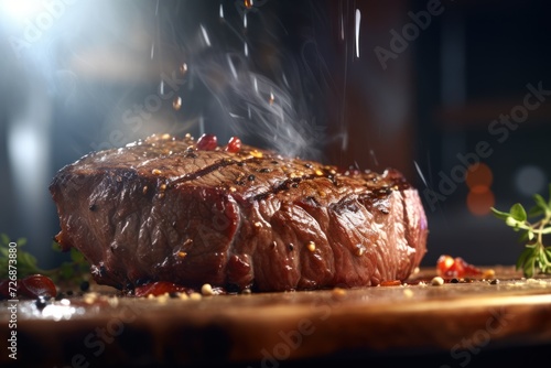 falling tasty beef steak in kitchen, 