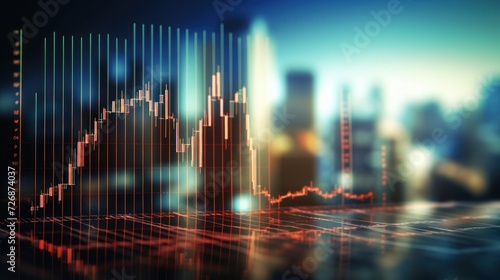 Creative growing forex chart on blue bokeh grid background. Trade, money, 