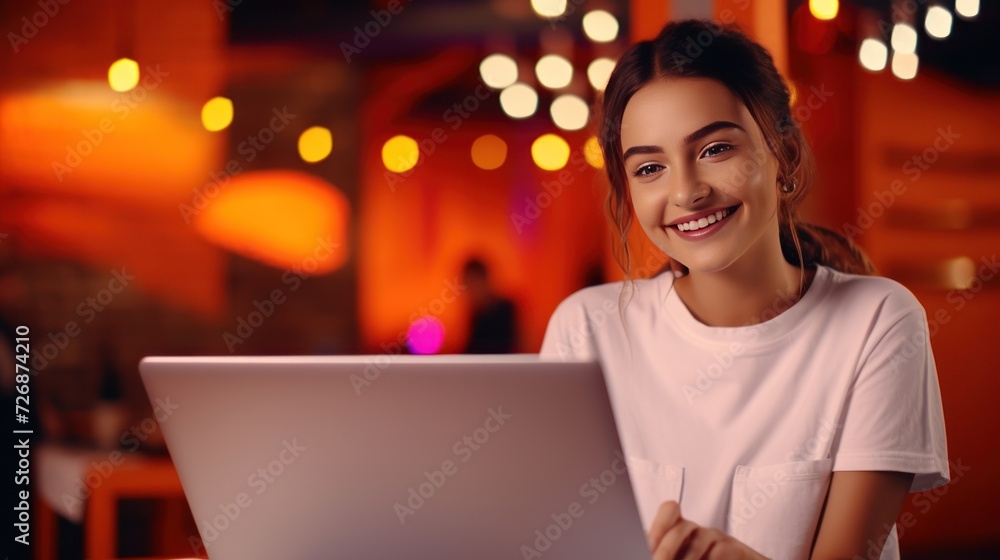 Portrait of young smiling girl in white t-shirt with laptop ,happy students Portrait of young smiling girl in white t-shirt with laptop ,happy students