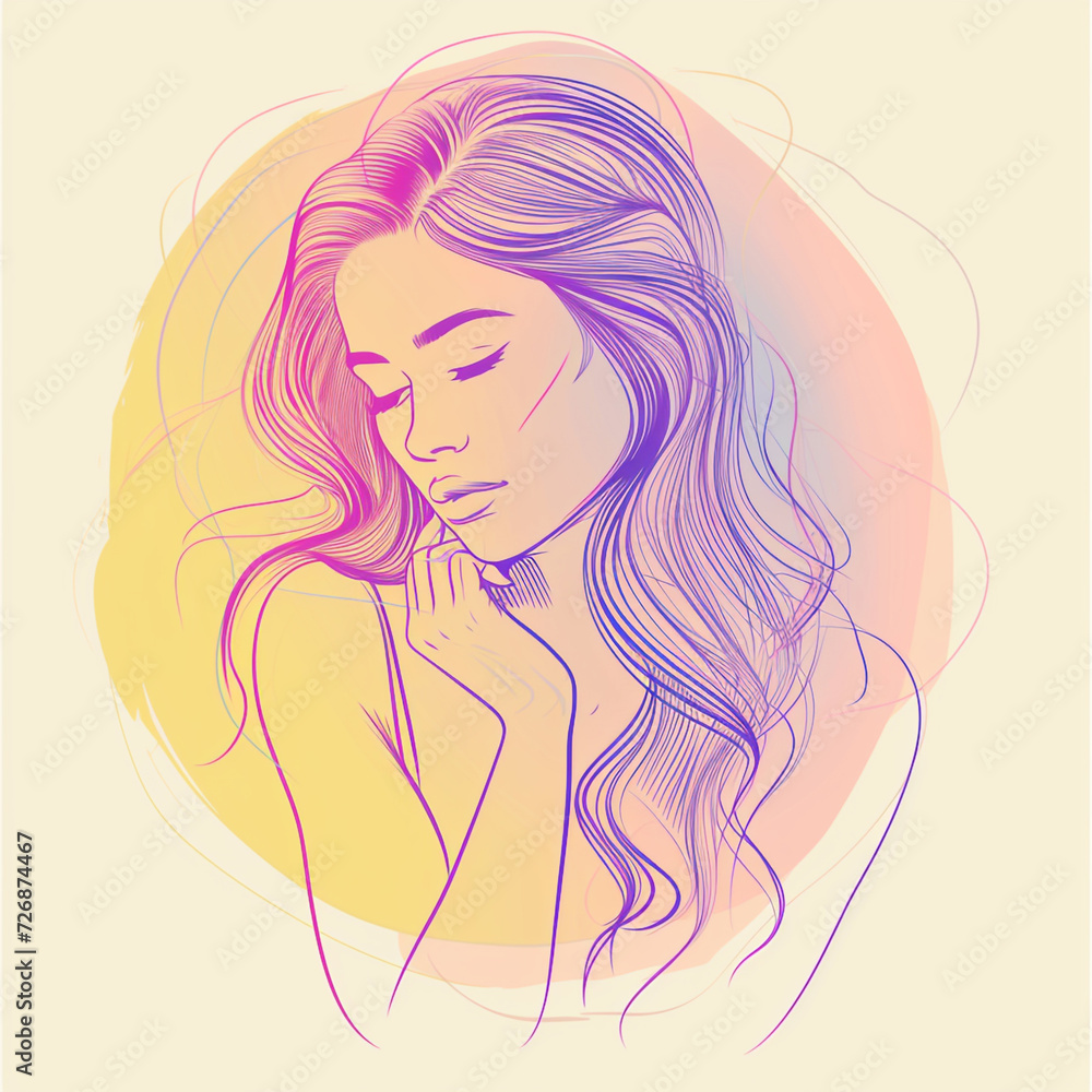 Simple drawing of feminine beauty concept, beautiful woman lines sketch in pastel colors, on white background. Curly hair, cute face, perfect skin. 