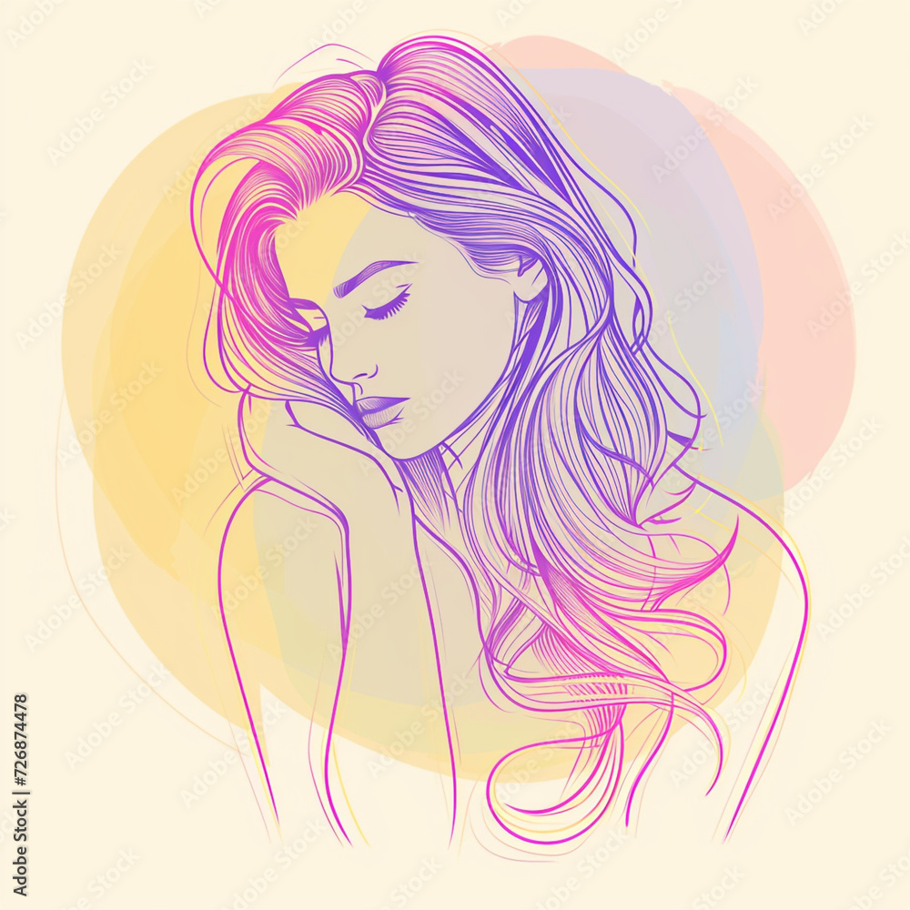 Simple drawing of feminine beauty concept, beautiful woman lines sketch in pastel colors, on white background. Curly hair, cute face, perfect skin. Simple drawing of feminine beauty concept, beautiful woman lines sketch in pastel colors, on white background. Curly hair, cute face, perfect skin.