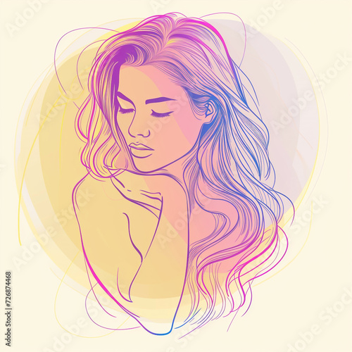 Simple drawing of feminine beauty concept, beautiful woman lines sketch in pastel colors, on white background. Curly hair, cute face, perfect skin. 