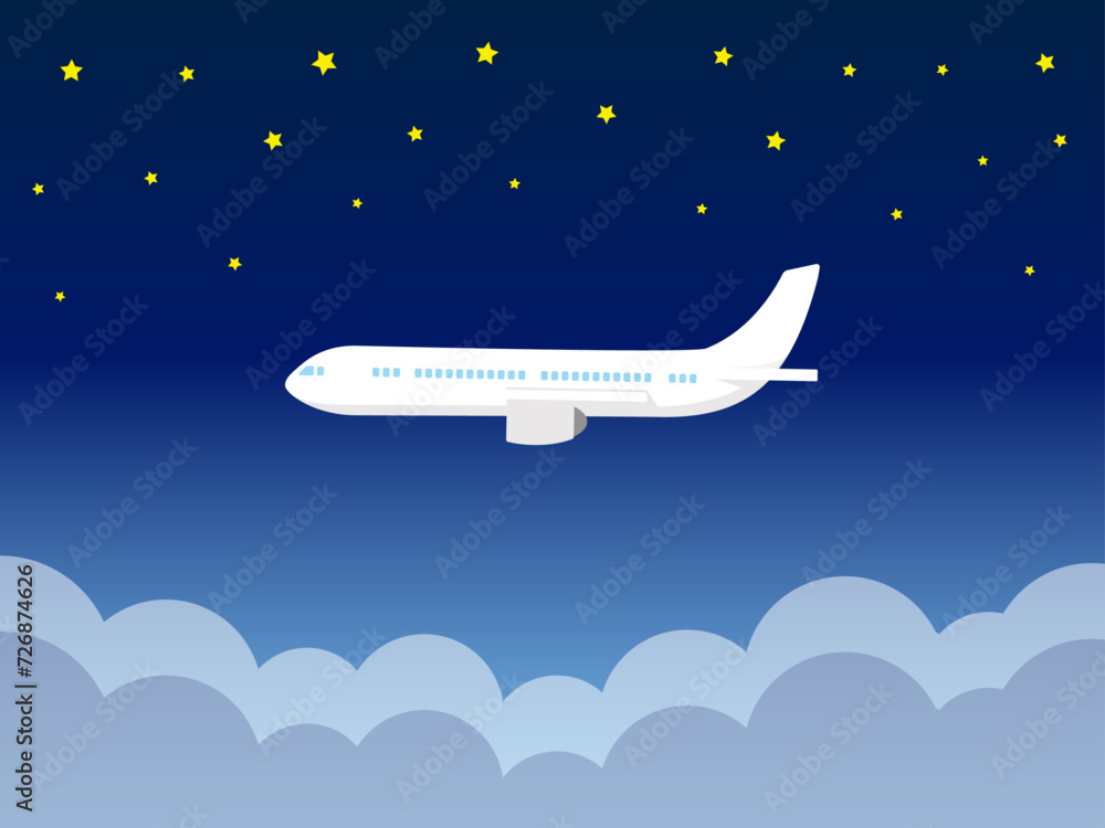 Naklejka premium 旅行のイラスト、美しい星空の中を飛ぶ飛行機。夜間飛行を楽しむ旅客機のベクター素材。