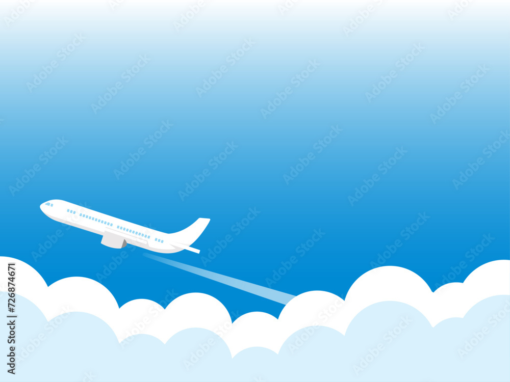 Naklejka premium 旅行のイラスト、美しい空の中を飛ぶ飛行機。イラストの中央には、見出しやタイトル、文字を書き込めるコピースペースがあるベクター素材。