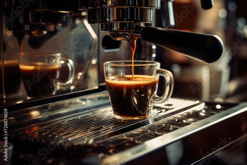 Espresso poruing from coffee machine at cafe  photo