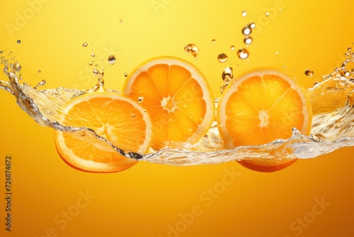 Flying Fresh Orange Slices and Water Side Splash on Orange Background