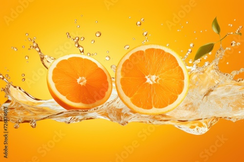 Flying Fresh Orange Slices and Water Side Splash on Orange Background