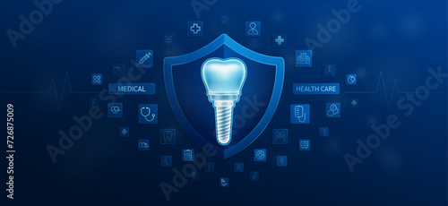 Medical health care. Dental implant inside shield and medical equipment tools. Doctor icon, symbol cross, stethoscope syringe and drug. Protect treat human organ healthy. Ads banner vector.