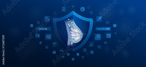 Medical health care. Female breast inside shield and medical equipment tools. Doctor icon, stethoscope syringe drug and symbol cross. Protect treat human organ healthy. Ads banner vector.