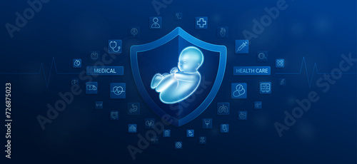 Medical health care. Fetus inside shield and medical equipment tools. Doctor icon, stethoscope syringe drug and symbol cross. Protect treat human organ healthy. Ads banner vector.