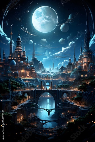 Fantasy city at night and full moon. 3D illustration.