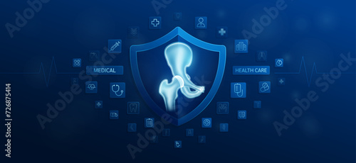 Medical health care. Hip inside shield and medical equipment tools. Doctor icon, symbol cross, stethoscope syringe and drug. Protect treat human organ healthy. Ads banner vector.