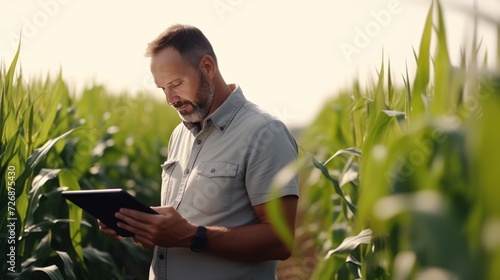 Modern caucasian farmer in a corn field using a digital tablet 