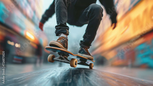 Skateboarder in action motion on the street. Extreme sport concept.