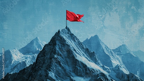 Majestic Red Flag Fluttering on Mount Summit