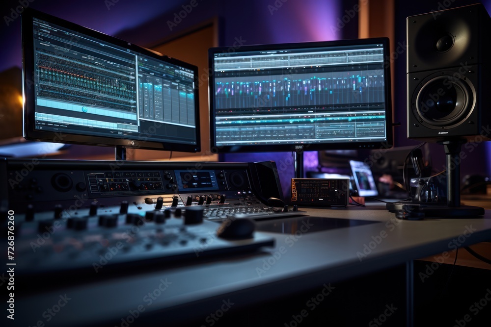 Modern Music Record Studio Control Desk with Computer Screen Modern Music Record Studio Control Desk with Computer Screen