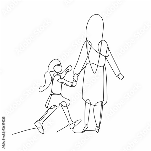 Happy mother's day card. Draw one continuous line. Woman holding her baby. Vector illustration