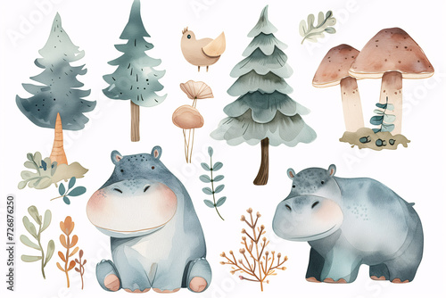 Watercolor hippopo. A whimsical watercolor scene featuring a cute hippopotamus surrounded by an array of forest flora trees and mushrooms.