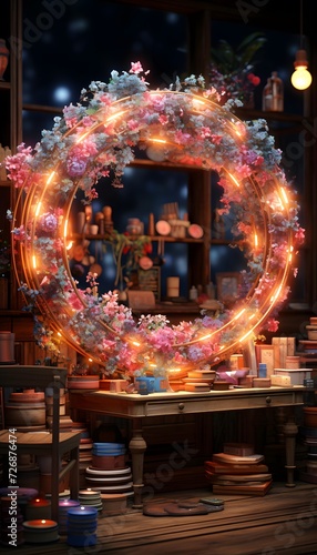 Christmas wreath in the interior of the house. 3d illustration