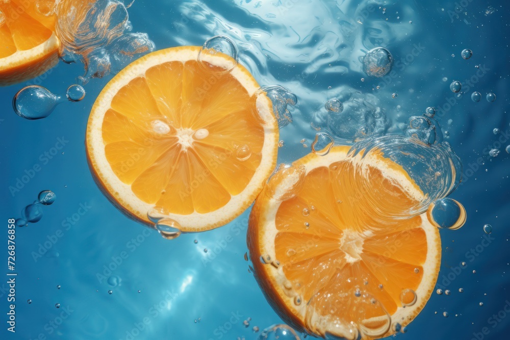 Falling Fresh Orange Juice Slices onto the water. Falling Fresh Orange Juice Slices onto the water.