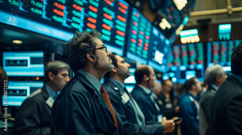 Serious stock traders in suits with headsets intently watching market information on the digital screens at the stock exchange. 