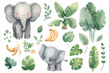 Watercolor elephant. A soothing watercolor illustration showcasing a gentle elephant surrounded by tropical foliage, bananas, and a touch of floral elements.