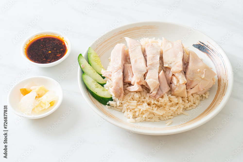 Hainanese chicken rice or rice steamed with chicken soup Hainanese chicken rice or rice steamed with chicken soup