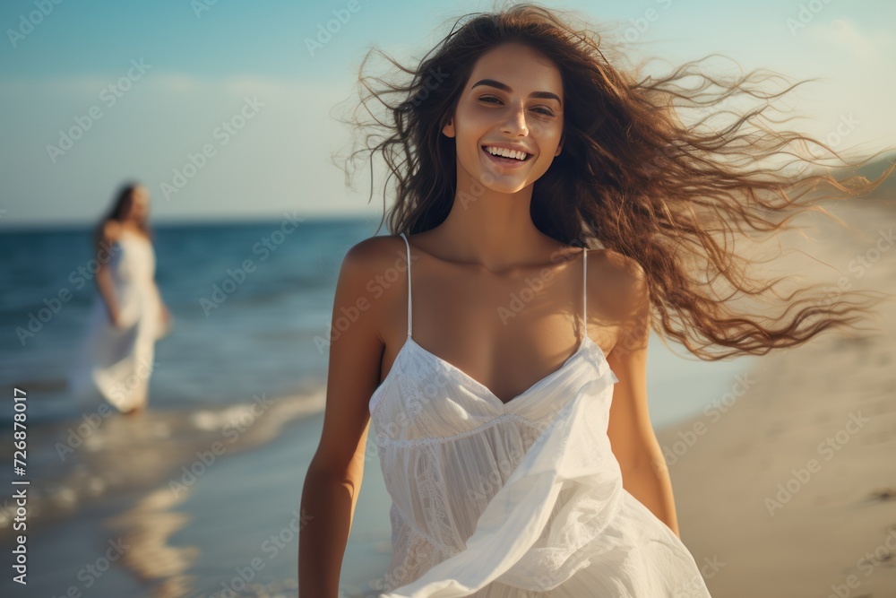 Young happy woman in a white fluttering dress walks on the beach Young happy woman in a white fluttering dress walks on the beach