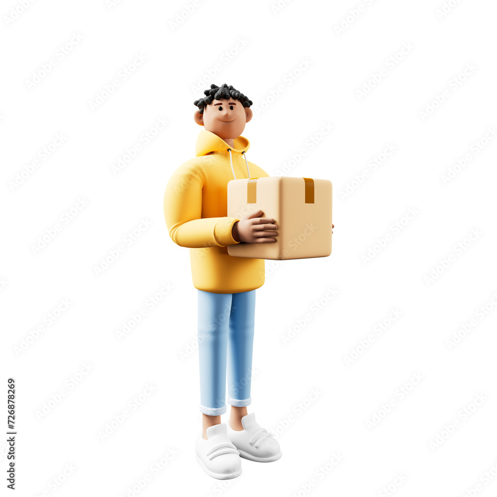 Happy delivery man with cardboard box .3d illustration. Happy delivery man with cardboard box .3d illustration.