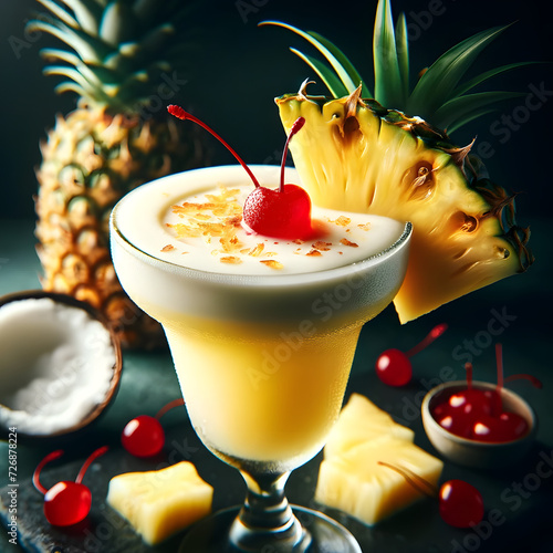 a tropical piña colada cocktail in a piña colada glass, garnished with a pineapple slice and a maraschino cherry, showcasing its creamy texture, golden hues, and refreshing condensation photo