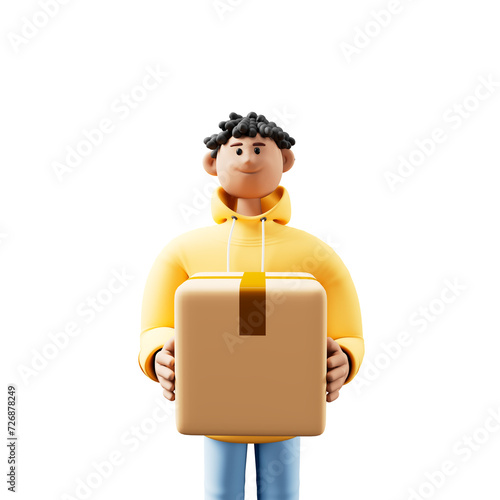 Happy delivery man with cardboard box .3d illustration.