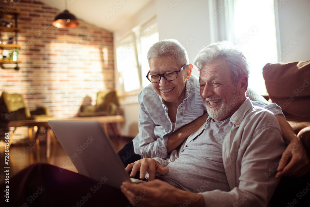 Senior couple using a laptop at home in the living room Senior couple using a laptop at home in the living room