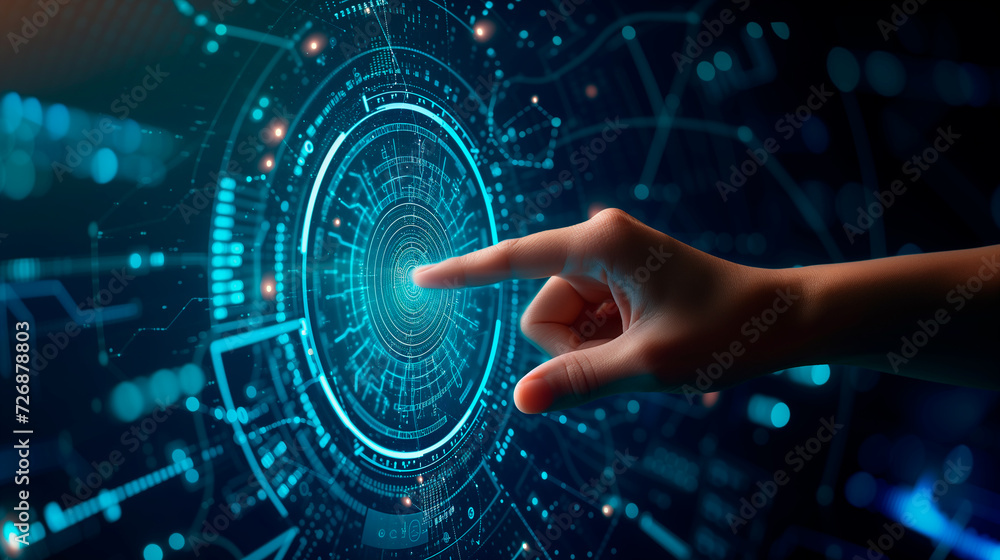 Fototapeta premium Hand pointing finger at a technology screen. Technology and cyber security concept