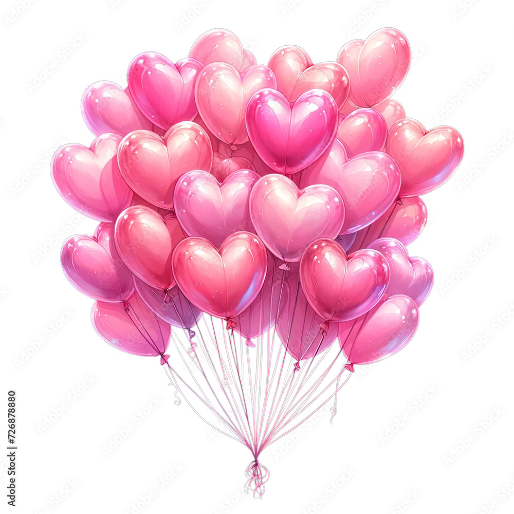 Create a clipart of a bunch of pink heart-shaped balloons with strings, in a watercolor style. PNG