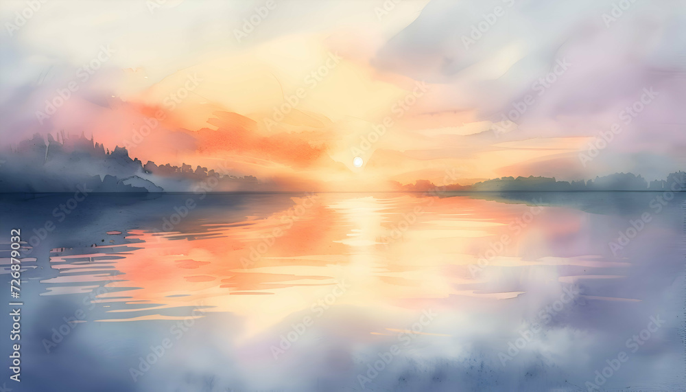 Sunset over the lake landscape watercolor painting. 