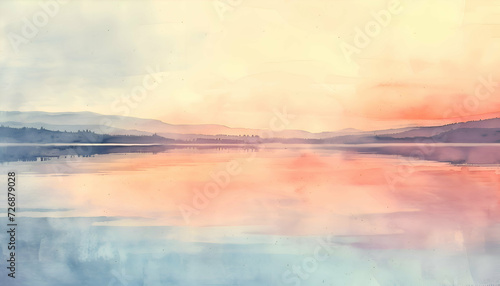 Sunset over the lake landscape watercolor painting. 