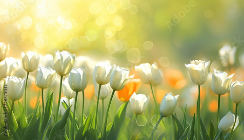 Watercolor white tulips spring flowers in the grass background with empty space for text. 