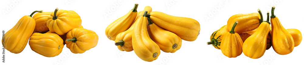Collection of fresh organic yellow squash on a transparent png