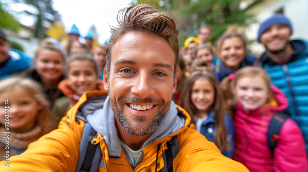 man with a beard takes a selfie with a group of smiling people of different ages in the background