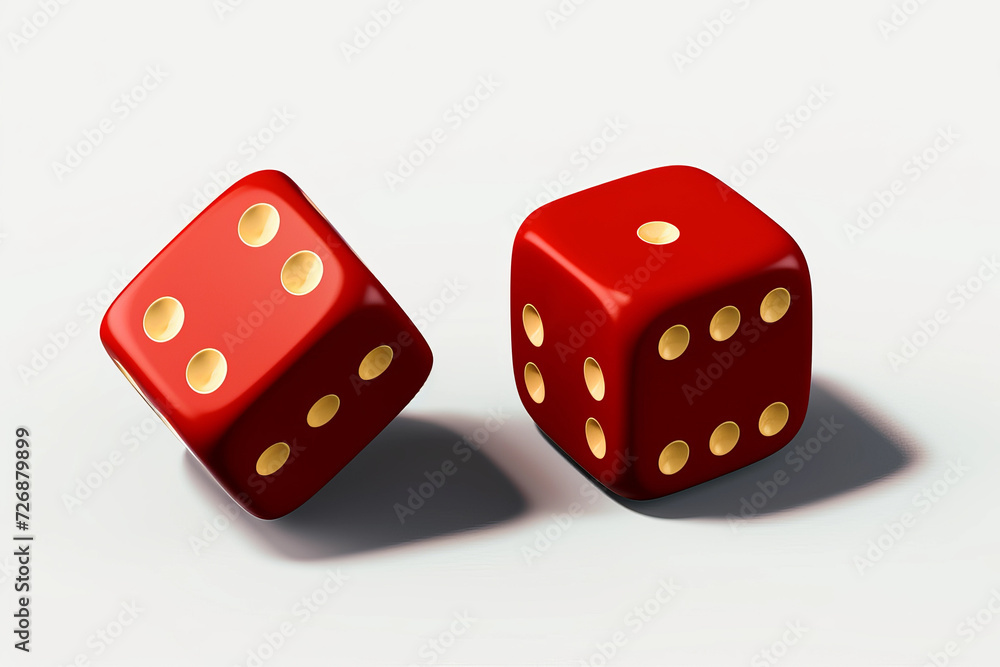 Red pair of casino dice rolled a seven with each die rolling a five and two isolated on white background with clipping path cutout concept for games of chance, taking a risk and luck in gambling Red pair of casino dice rolled a seven with each die rolling a five and two isolated on white background with clipping path cutout concept for games of chance, taking a risk and luck in gambling