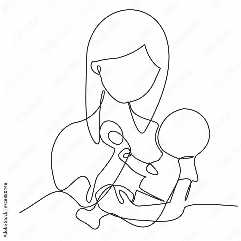 continuous single drawn one line of breastfeeding woman child drawn silhouette image. line art. mother character feeding newborn baby