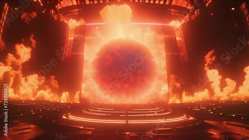The concert stage glows with fervent waves of flames setting the scene ablaze for a fiery performance.