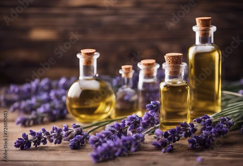 wooden lavender flowers Bottles essential oil background