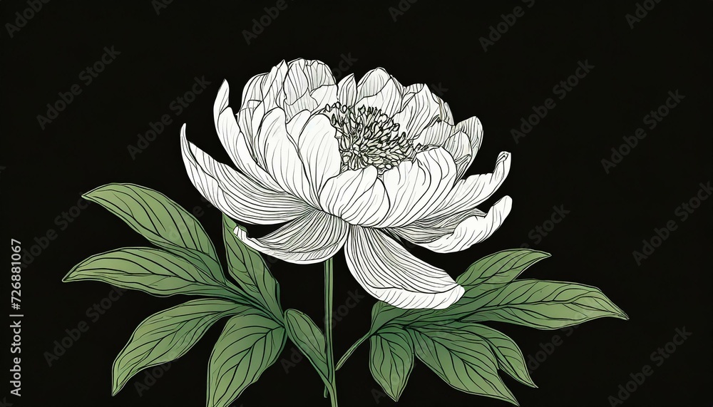 Peony blossom with green leaves on black background poster presentation ...